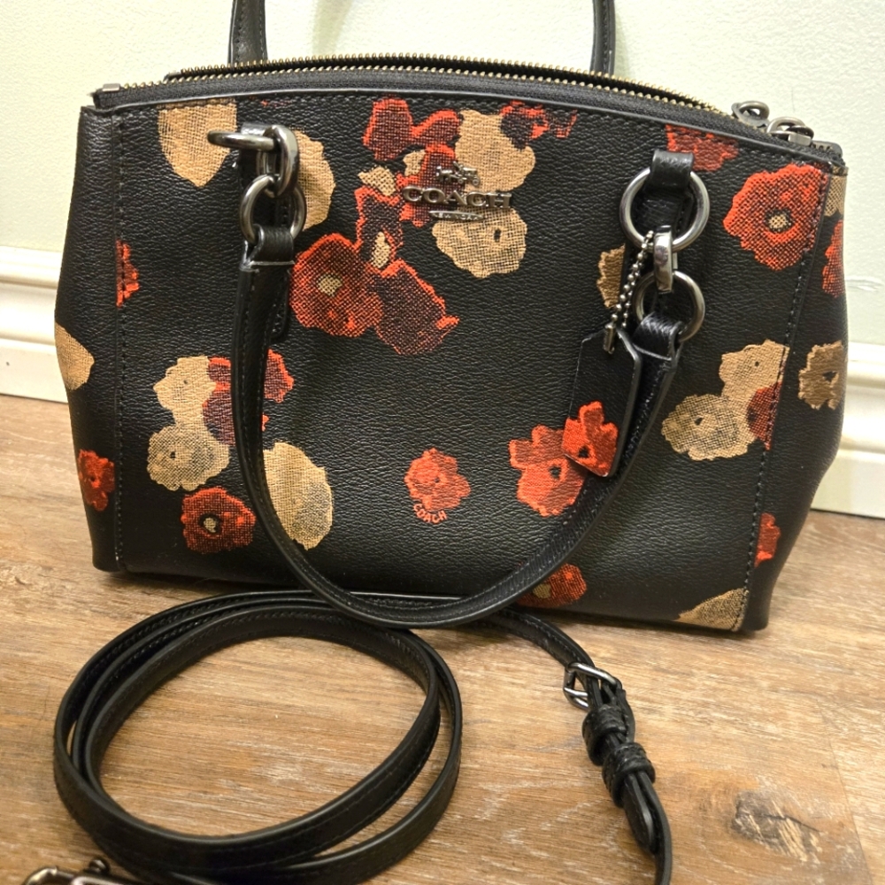 Coach Mini Christie Carryall Black Floral & Gunmetal Accents